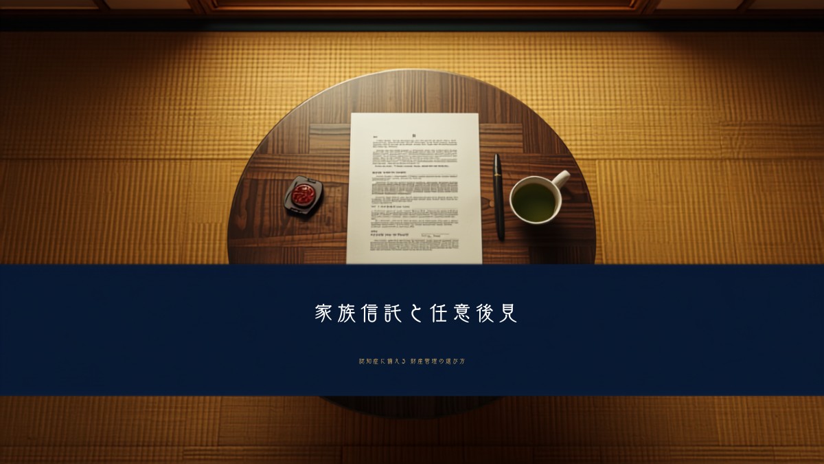 日本の和室のちゃぶ台に置かれたA4縦の契約書と実印・朱肉・湯呑みと家族信託と任意後見の見出し