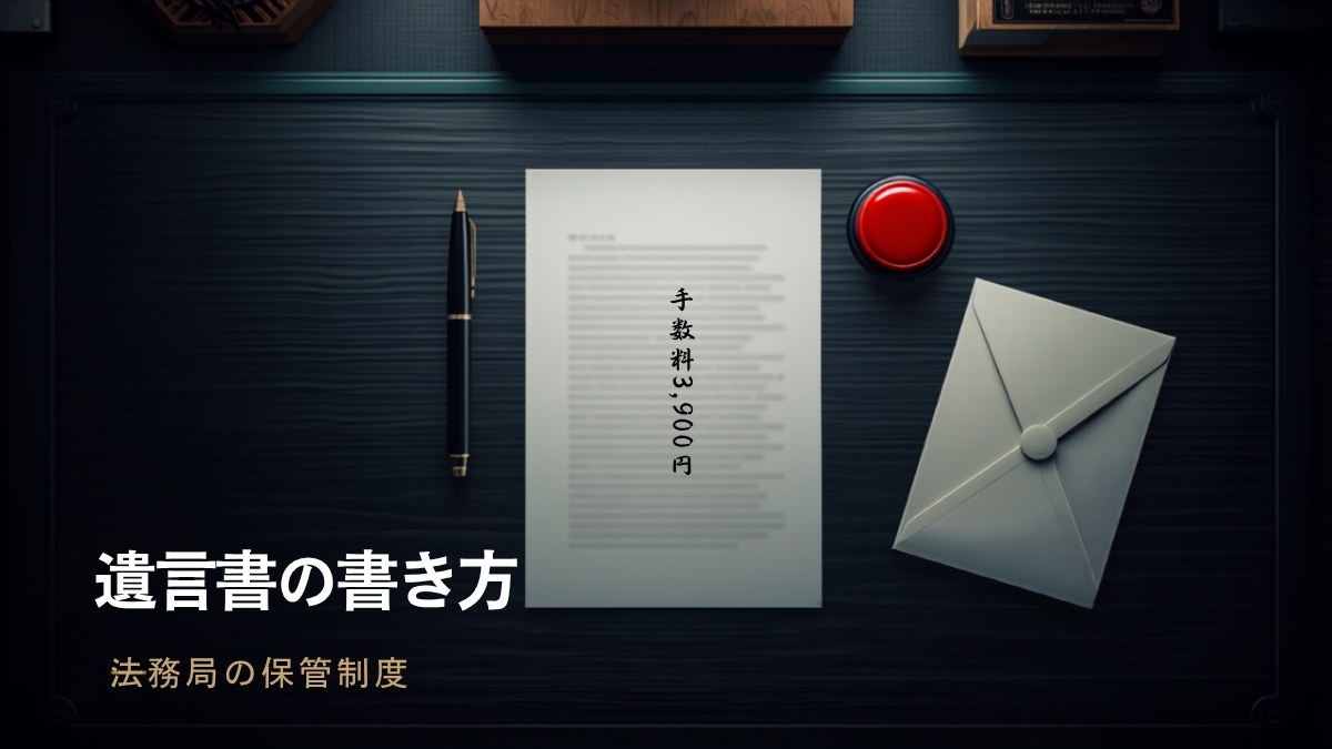 遺言書の書き方と法務局の保管制度 A4縦の日本語縦書き遺言書と万年筆・朱肉ケース・封筒