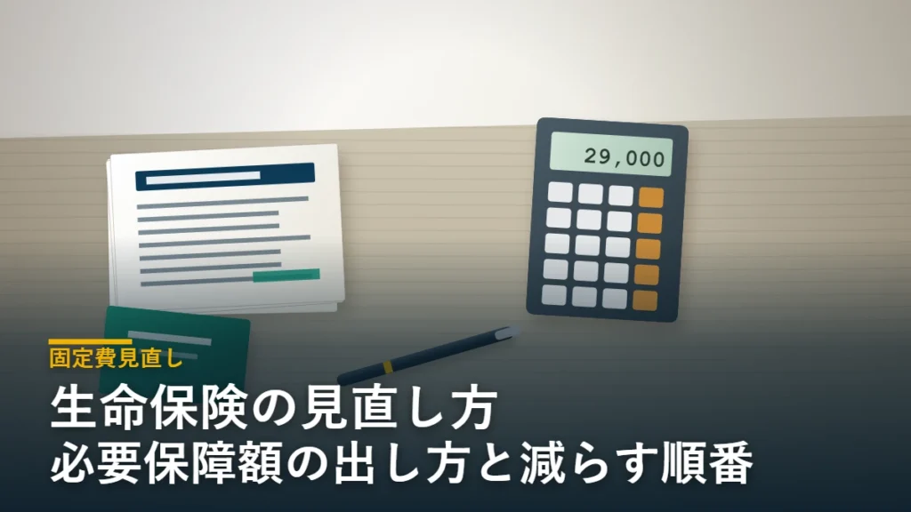 保険証券と電卓と通帳を並べたデスクの静物｜生命保険の見直し方 固定費見直し