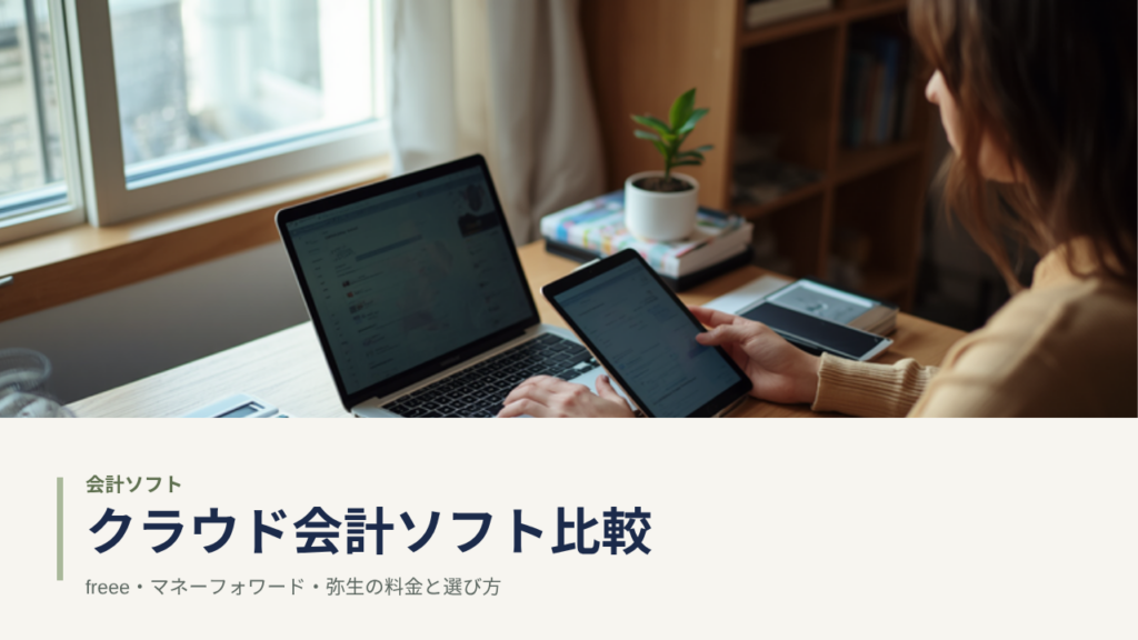 ノートパソコンとタブレットを並べて会計ソフトの画面を見比べる個人事業主の机