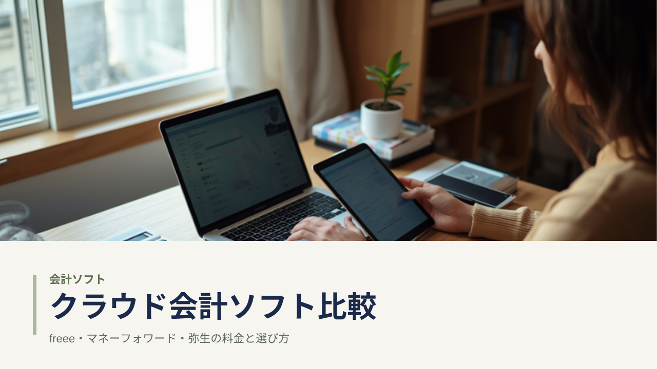ノートパソコンとタブレットを並べて会計ソフトの画面を見比べる個人事業主の机