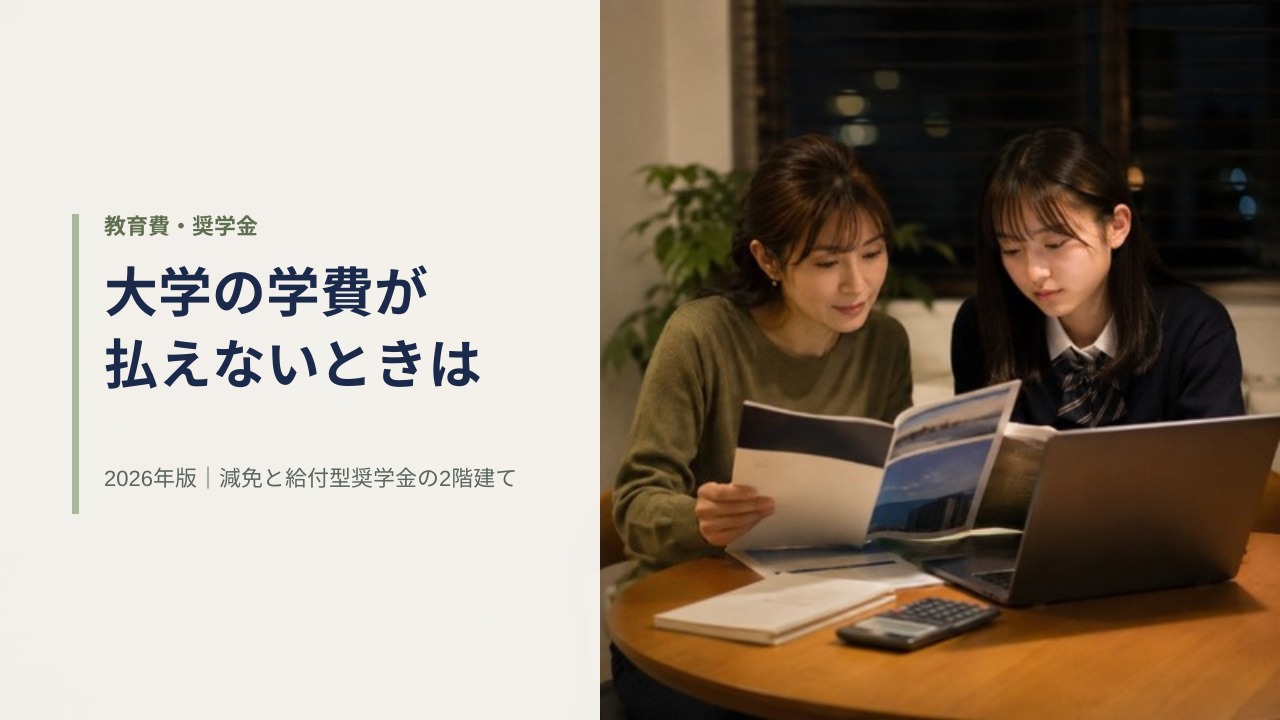 夜のダイニングテーブルで大学のパンフレットとノートパソコンを一緒に見る母親と高校生の娘。大学の学費支援の記事のアイキャッチ。