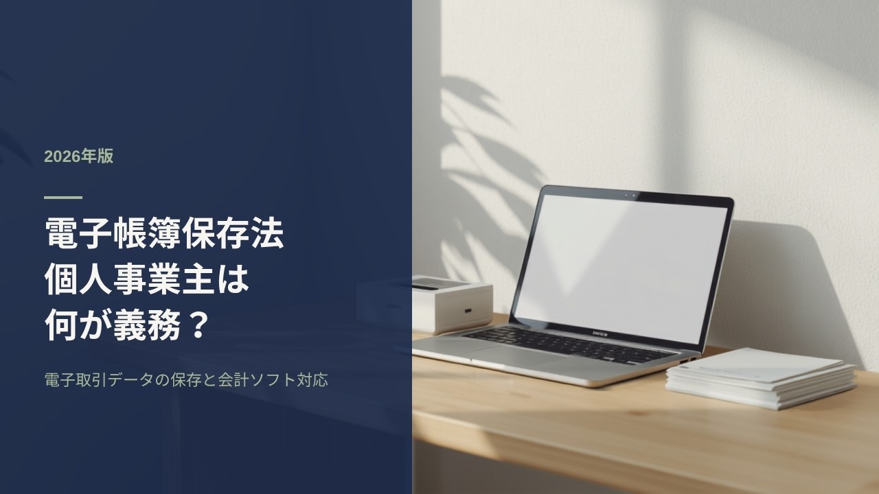 電子帳簿保存法の対応イメージ｜ノートPCとスキャナ、紙の書類が並ぶ机