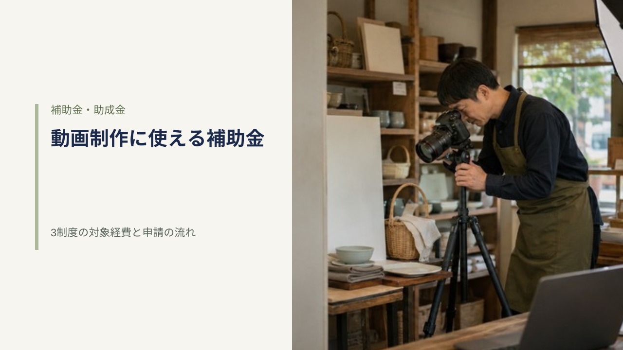 三脚に据えたビデオカメラと照明を置いた小さな店舗の撮影セット。動画制作に使える補助金のイメージ