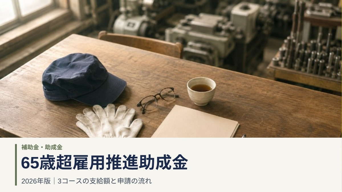 町工場の休憩スペースの作業台に置かれた紺の作業帽子・白い軍手・老眼鏡・湯呑み・無地のファイル|65歳超雇用推進助成金