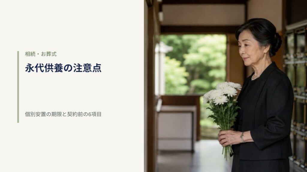日本のお寺の納骨堂の通路で白い花束を持ち静かに立つ年配の女性