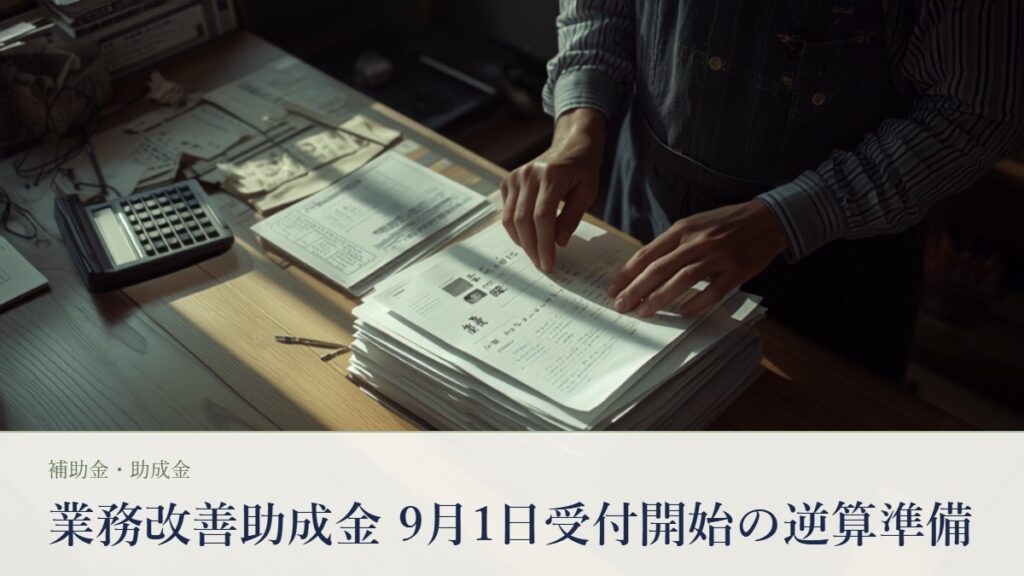 日本の作業場の机で電卓とA4の書類の束を前に計画を検討する事業主の手元