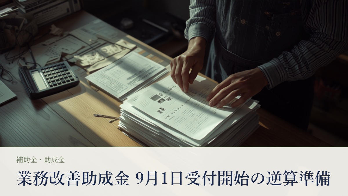 日本の作業場の机で電卓とA4の書類の束を前に計画を検討する事業主の手元