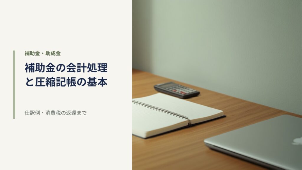 窓からの自然光が差す木製デスクに置かれた白紙の帳簿ノート・電卓・万年筆とノートパソコン｜補助金の会計処理と圧縮記帳