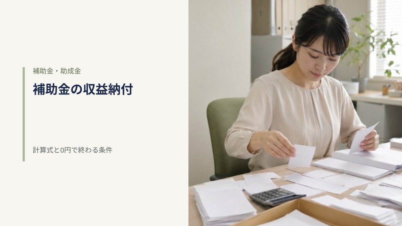 日本の事務所デスクで女性事務員が無地のレシートと帳簿を仕分けしている