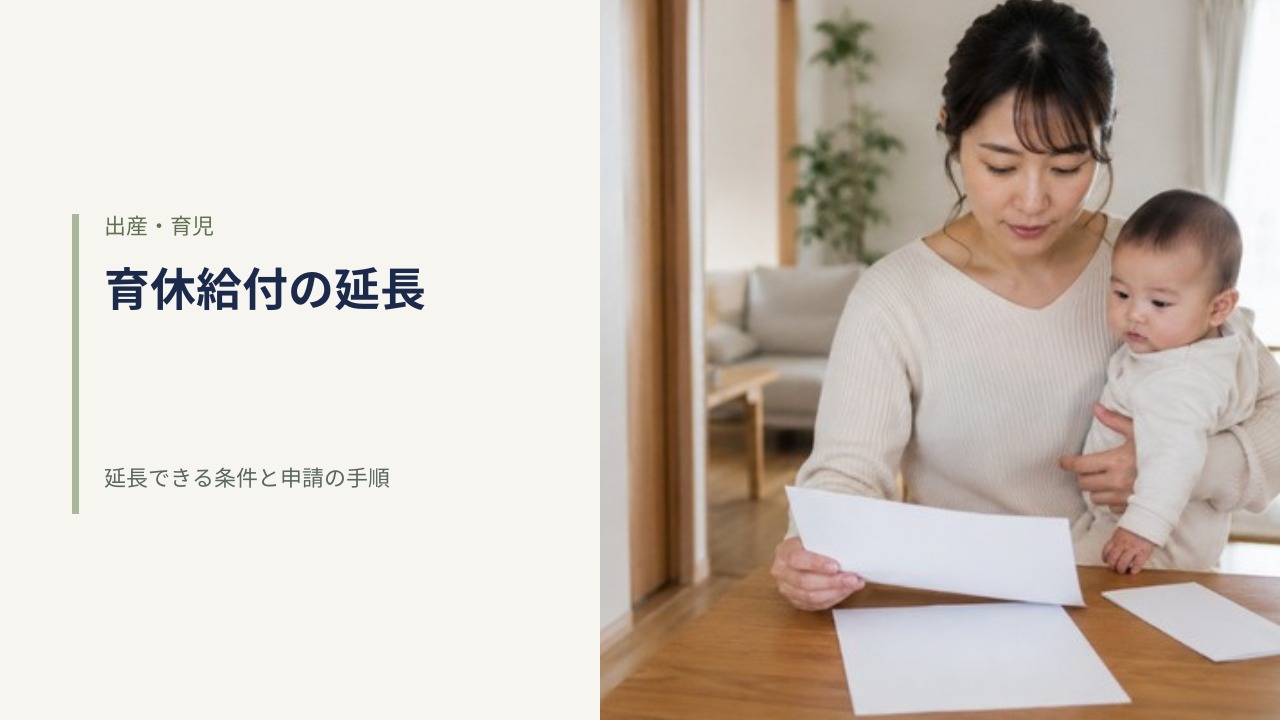 ダイニングテーブルに置かれた保育園の通知書と母子手帳、電卓。育児休業給付金の延長手続きのイメージ