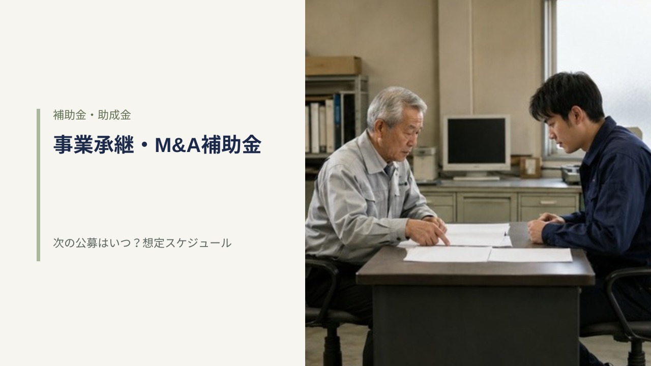 商談テーブルに置かれた無地の契約書類と万年筆。事業承継・M&A補助金の公募時期を確認する場面
