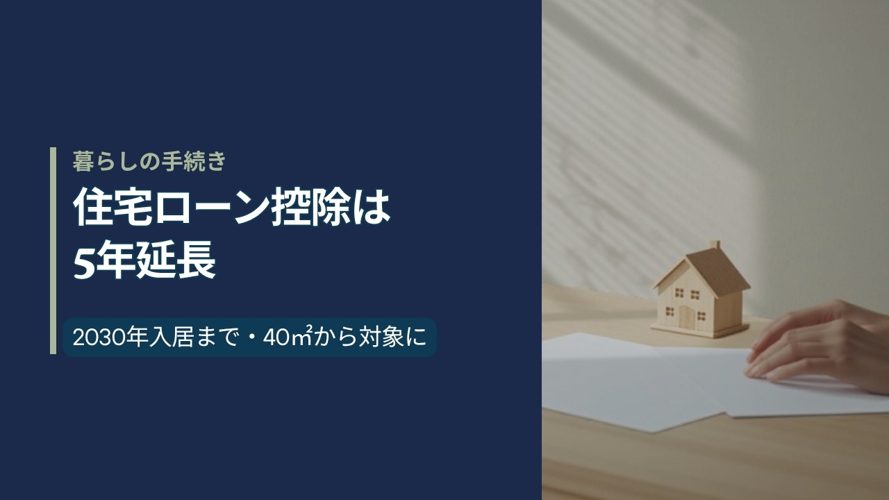 紺のパネルに「住宅ローン控除は5年延長」と書かれたアイキャッチ。右側は木のテーブルに置かれた家の模型と白紙の書類の写真