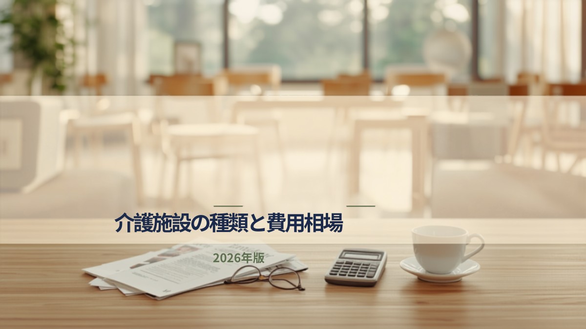明るい介護施設の共用リビングを背景に、手前の木のテーブルに介護施設のパンフレット・老眼鏡・電卓・湯のみを並べた静物。介護施設の種類と費用相場の記事アイキャッチ