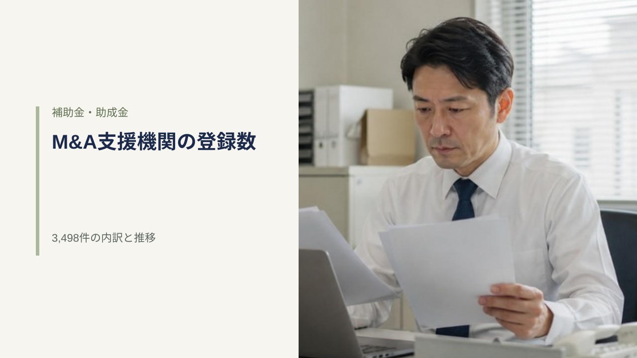 日本のオフィスで男性が無地の書類の束とノートパソコンを見比べている様子と、M&A支援機関の登録数という見出し