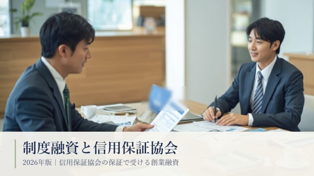 日本の金融機関の窓口で、担当者と創業予定の男性が申込書類を広げて融資の相談をしている場面｜制度融資と信用保証協会