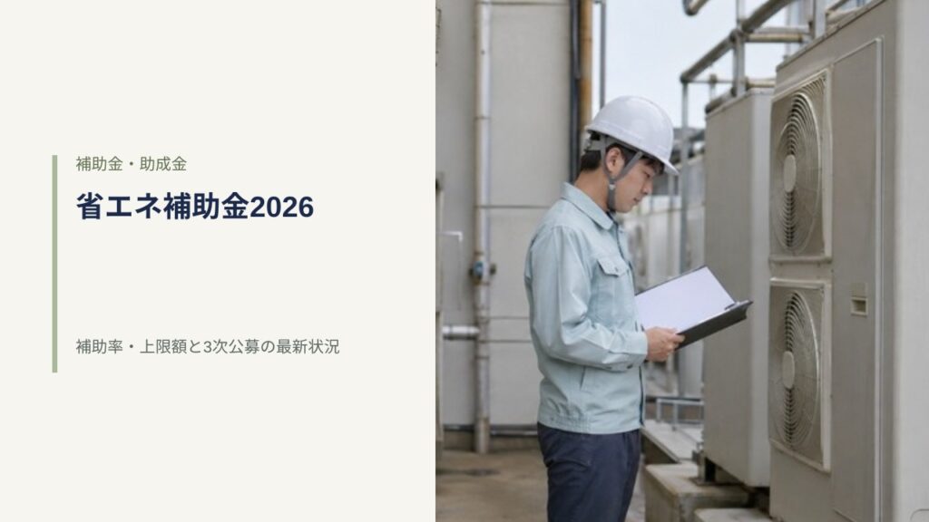 工場の設備エリアで作業服とヘルメット姿の技術者が高効率空調の室外機を点検している｜省エネ・非化石転換補助金2026