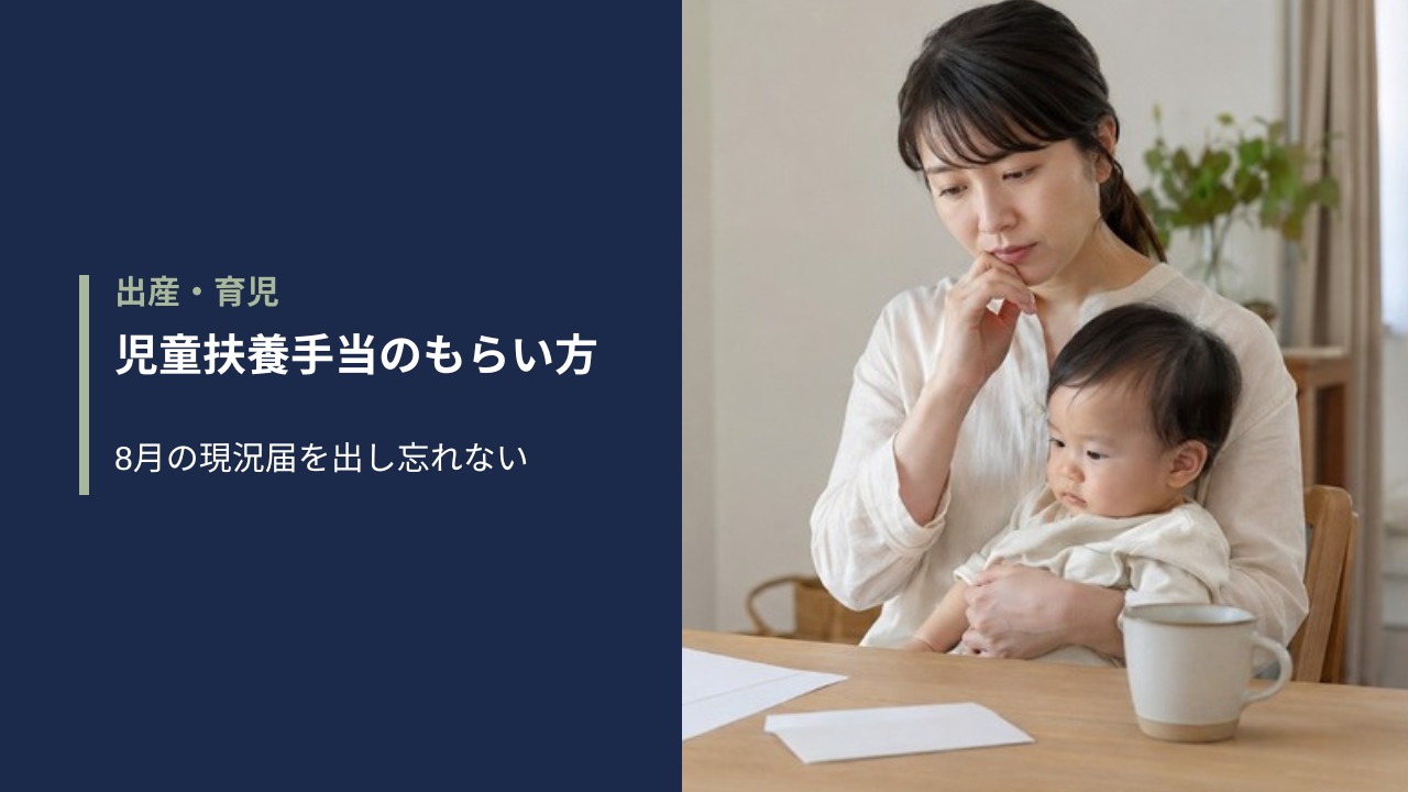 乳児を抱いて書類を見る母親