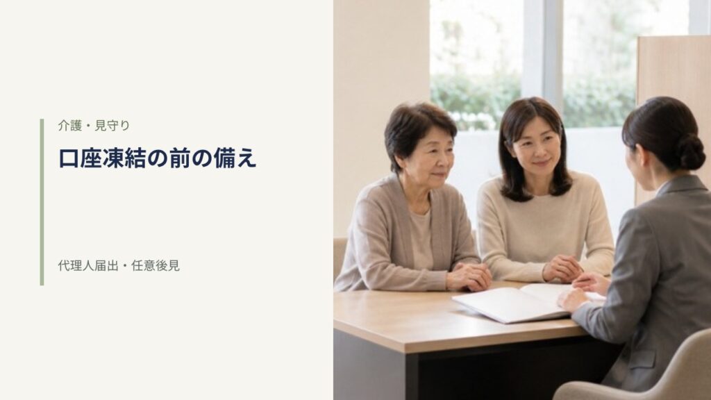 銀行の相談カウンターで高齢の母親と娘が女性行員と書類を挟んで話している様子。認知症による口座凍結への備えのイメージ