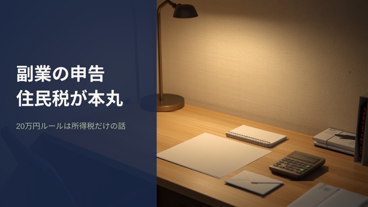夜の自宅デスクに置かれた書類・電卓・封筒。副業の確定申告と住民税の申告を表すイメージ