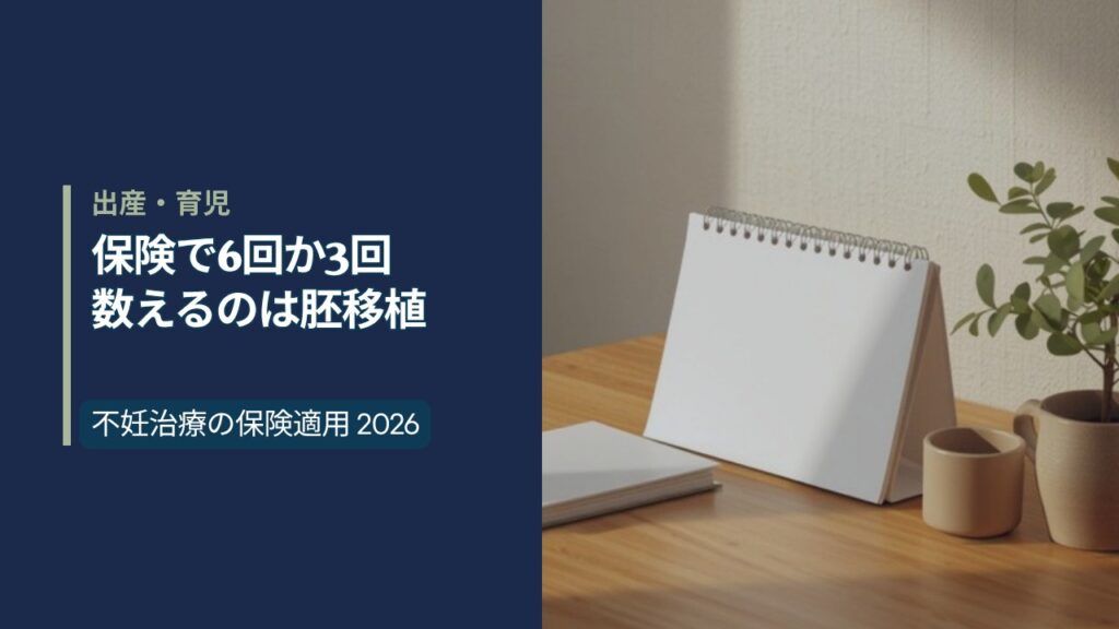 日本の住宅のダイニングテーブルに置かれた無地の卓上カレンダーと手帳。不妊治療の保険適用を解説する記事のアイキャッチ