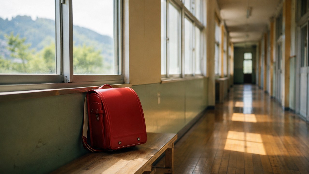 夕方の光が差す日本の小学校の廊下。窓辺のベンチに赤いランドセルがひとつ置かれている