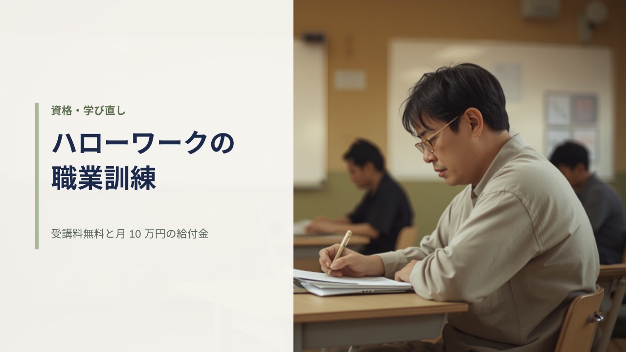 職業訓練の教室で、ノートに書き込みながら受講する成人の受講者