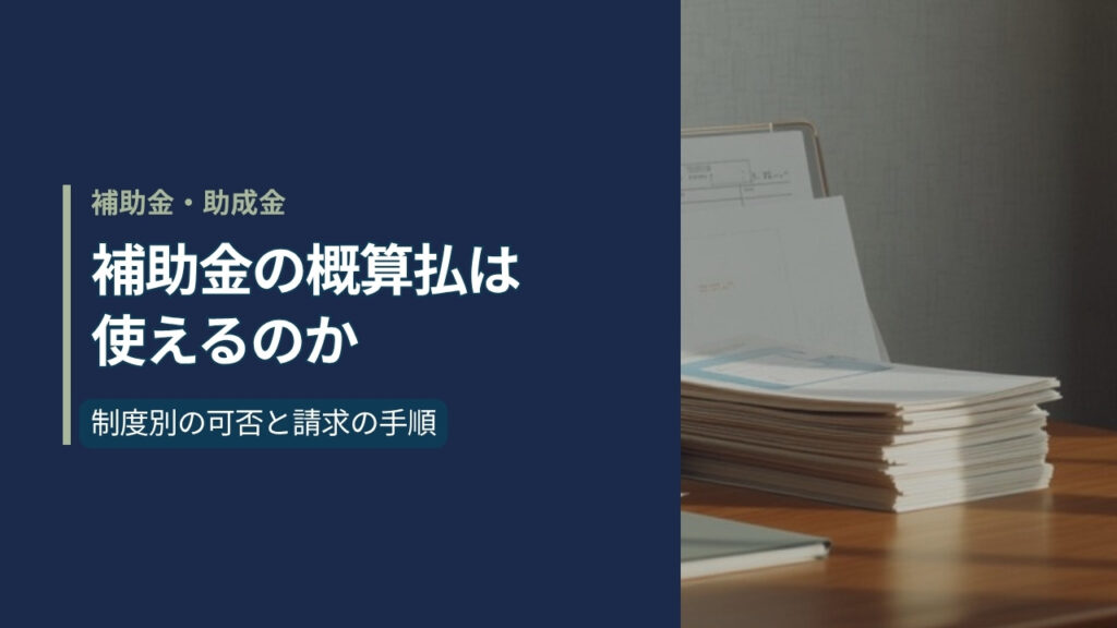 補助金の概算払を解説する記事のアイキャッチ。日本の事務机に積まれたA4の書類とクリアファイル