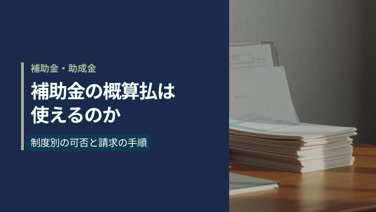 補助金の概算払を解説する記事のアイキャッチ。日本の事務机に積まれたA4の書類とクリアファイル