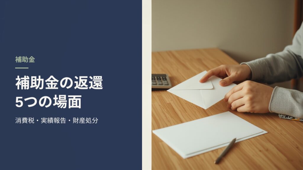 木製デスクで白い封筒と書類を手元に置き、補助金の返還手続きを確認する場面