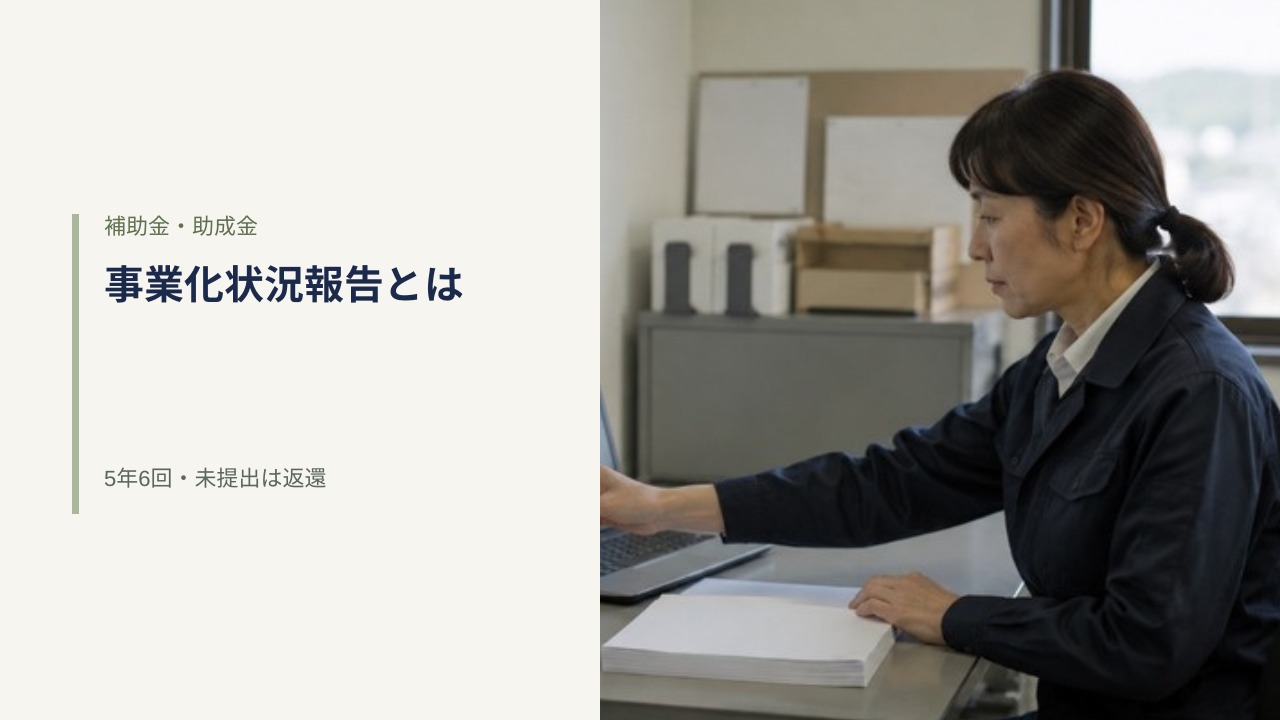 日本の町工場の事務室で、事務員が卓上カレンダーと無地の書類の束を前にノートパソコンに向かっている様子