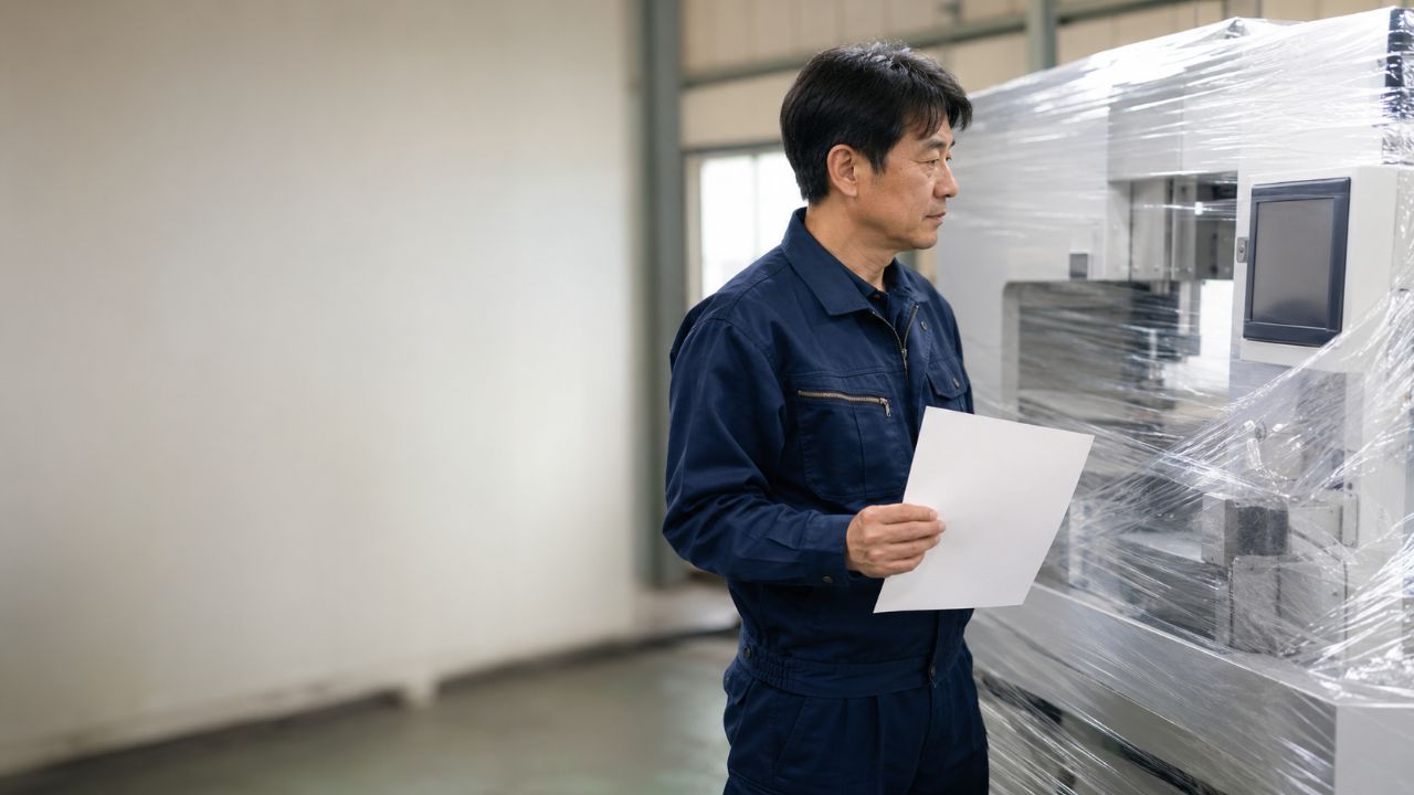 工場でビニール養生された新しい機械の前に立ち、無地の書類を手に持って交付決定を待つ作業服の男性