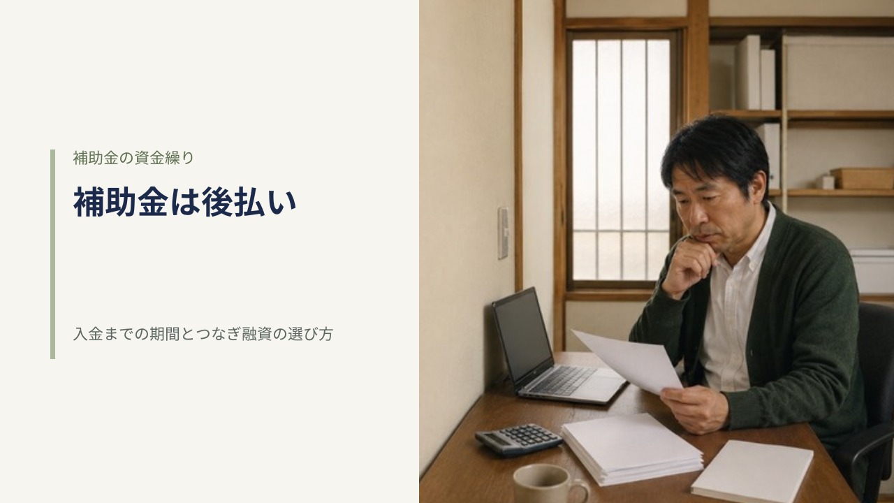 事務所の机で書類を手に資金繰りを考える経営者