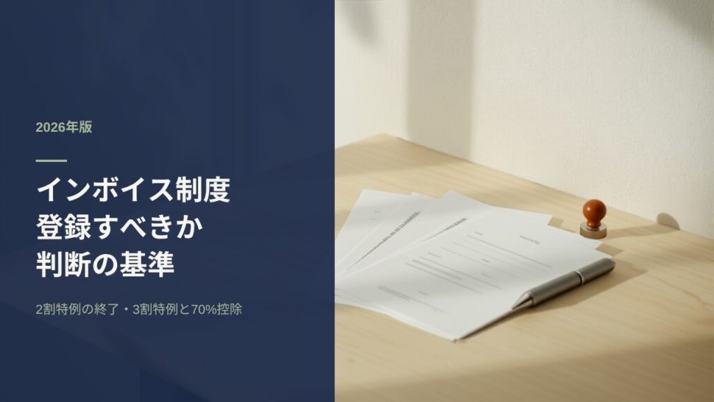 インボイス制度の判断イメージ｜請求書の束と印鑑、ペンが置かれた机
