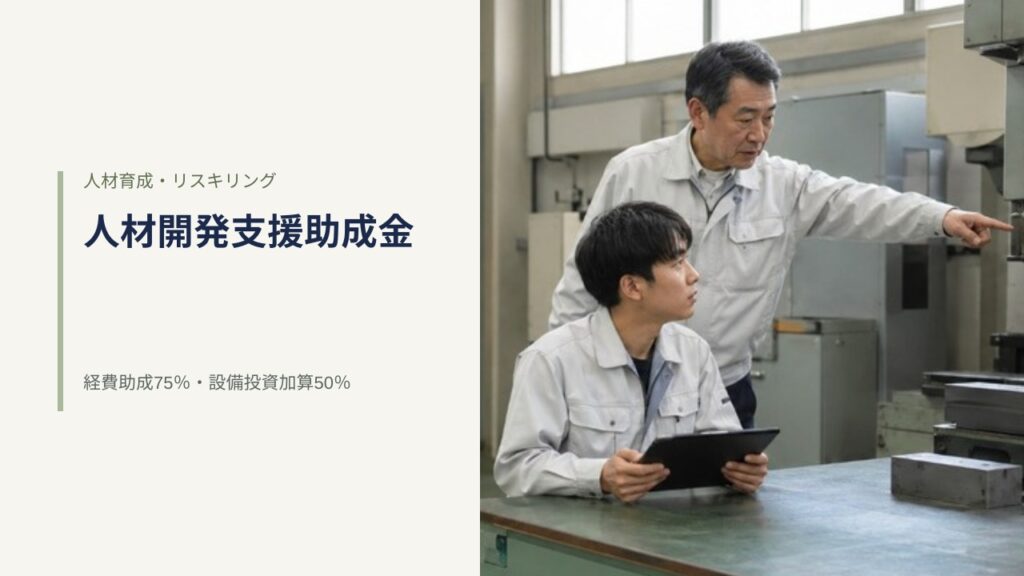 工場でベテラン技術者が若手社員に機械を指さしながら社内訓練を行う場面