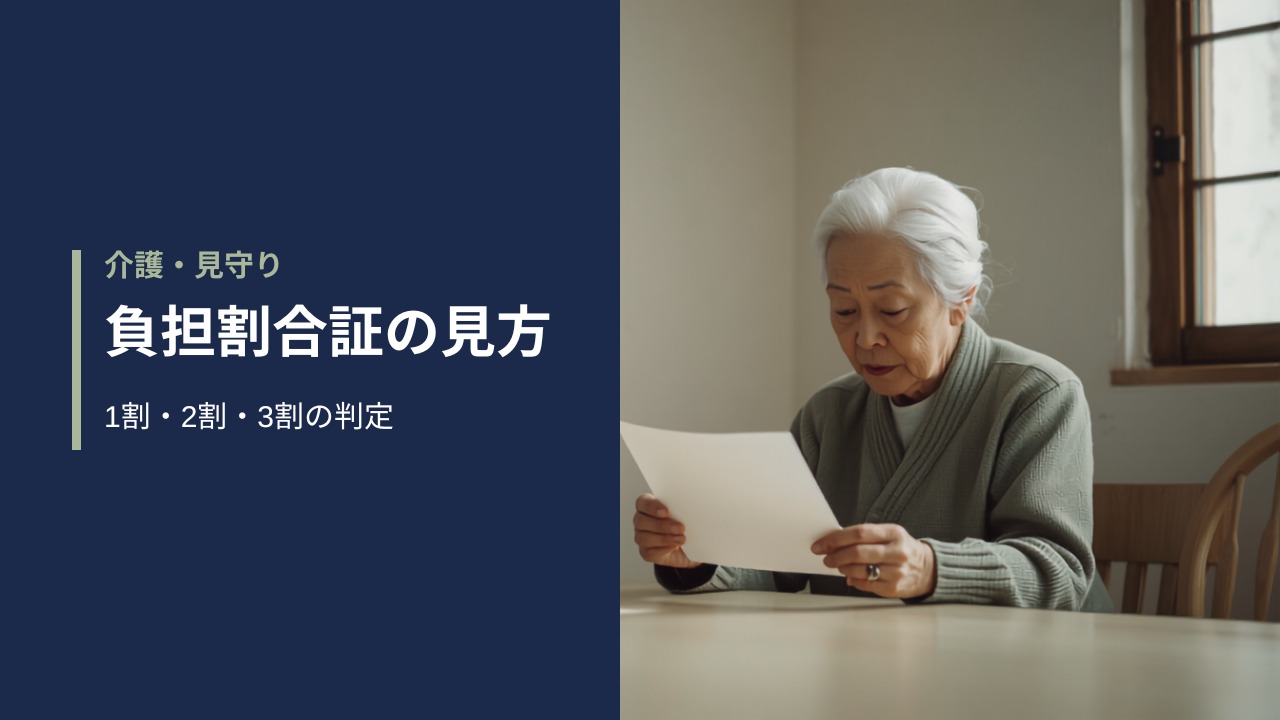木のテーブルで届いた通知に目を通す高齢の女性。介護保険負担割合証の見方を解説する記事のアイキャッチ