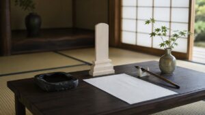 日本の寺院の和室。低い黒木の机に白木の位牌、硯と墨、筆置きの筆、和紙が置かれ、障子越しの朝の光が差し込んでいる