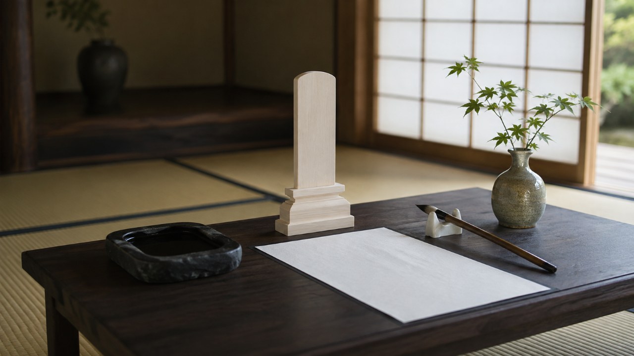 日本の寺院の和室。低い黒木の机に白木の位牌、硯と墨、筆置きの筆、和紙が置かれ、障子越しの朝の光が差し込んでいる