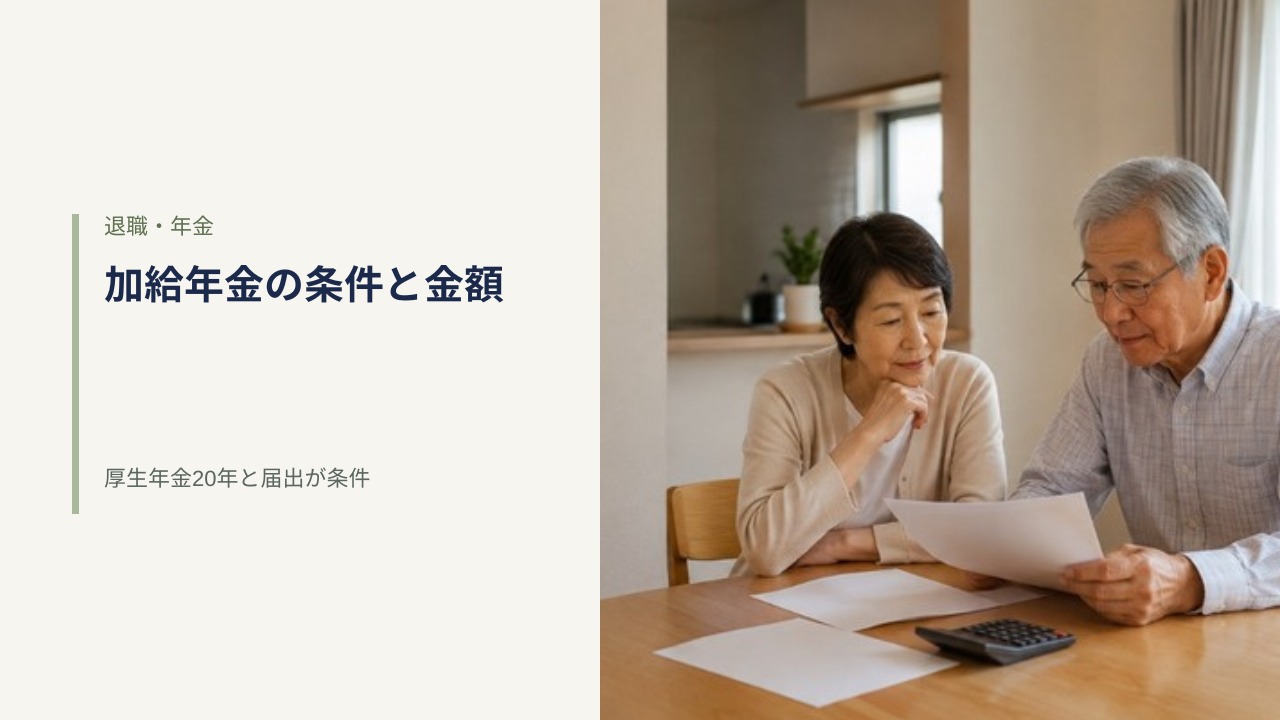ダイニングテーブルで書類を見ながら話し合う年配の夫婦。加給年金の条件と金額のイメージ
