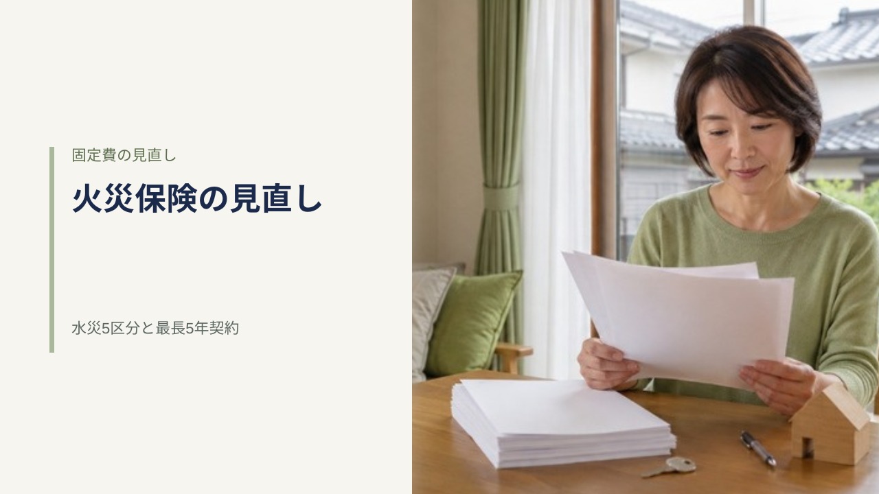 自宅のリビングで火災保険の書類と家の鍵を前に契約内容を確かめる女性