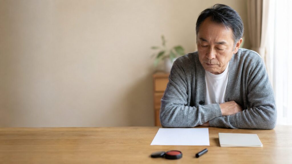自宅のダイニングで無地の書類と預金通帳、印鑑を並べて国民年金の任意加入を検討する60歳前後の男性
