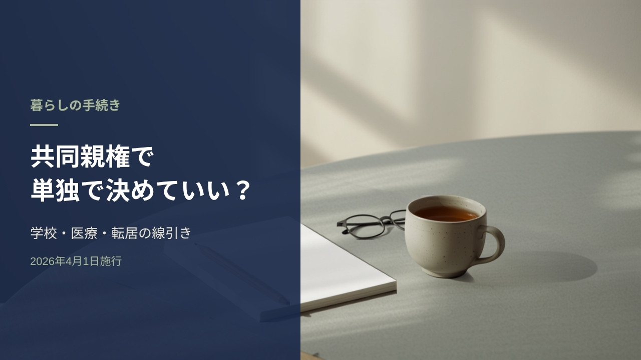 朝の光が差すテーブルに置かれた白紙のノートと鉛筆、眼鏡、湯呑み