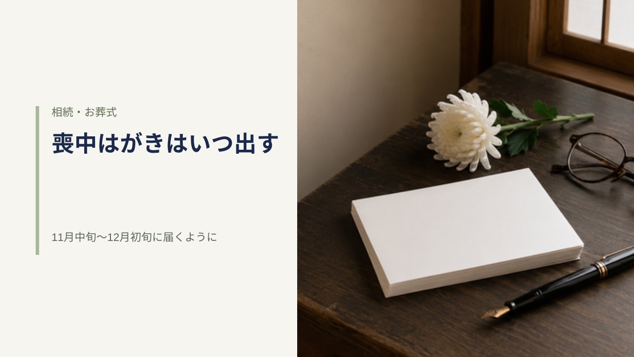書斎机に置かれた無地のはがきの束と万年筆、老眼鏡、白菊が一輪。喪中はがきの準備をイメージした写真