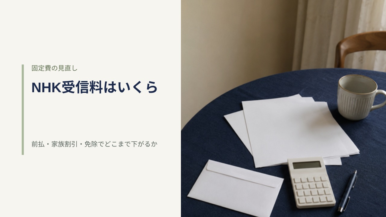 紺色のダイニングテーブルに置かれた無地の封筒と書類、電卓、マグカップ。固定費の見直しをイメージした写真