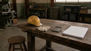 日本の町工場の作業台に置かれた黄色い安全ヘルメットと軍手、電卓、白紙の書類の束。傍らに人のいない木製の丸椅子