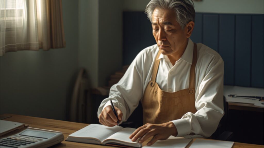 事務室の机で帳簿と電卓を前にペンを持ち、賃金の見直しを考える小規模事業の店主