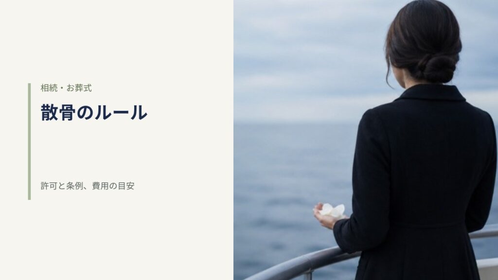 散骨の許可と条例、費用の目安を解説する記事のアイキャッチ。沖合いの穏やかな海で船のデッキの手すりに立ち白い花びらを持つ喪服姿の女性の後ろ姿
