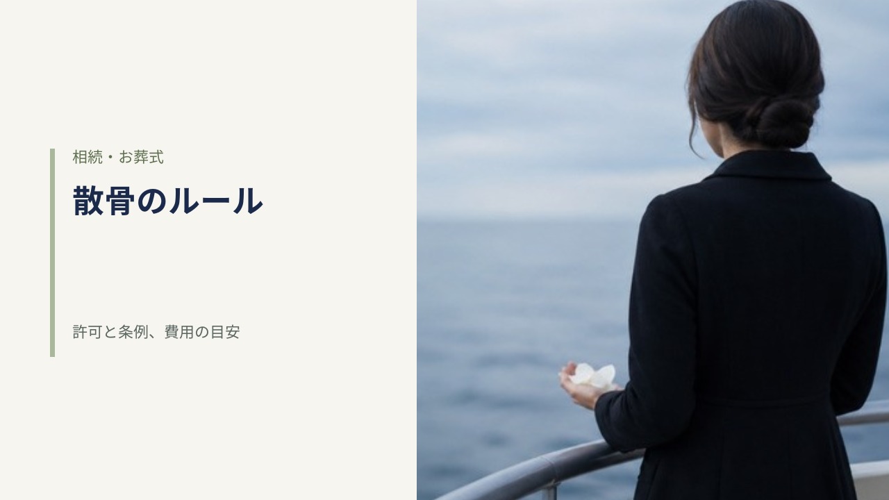 散骨の許可と条例、費用の目安を解説する記事のアイキャッチ。沖合いの穏やかな海で船のデッキの手すりに立ち白い花びらを持つ喪服姿の女性の後ろ姿