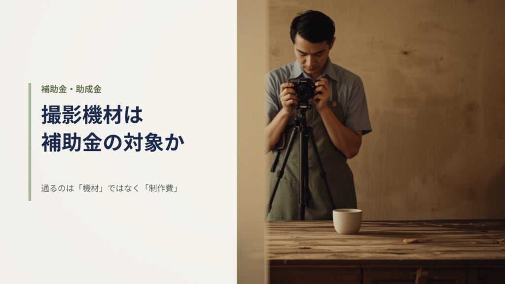三脚に載せたカメラで木のテーブルに置いた商品を撮影している小規模事業者