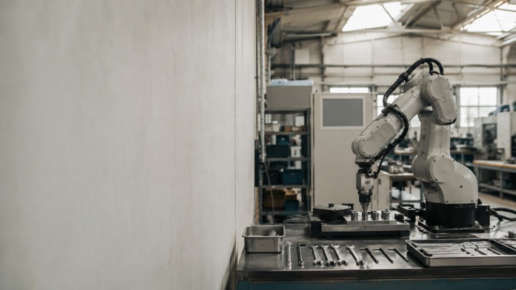 日本の町工場の作業台で稼働する小型の産業用ロボットアーム